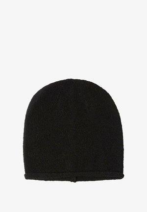 Bonnet en tricot noir avec une texture lisse, un sommet arrondi et un bord roulé. Fabriqué en matériau doux et flexible pour le confort et la chaleur.