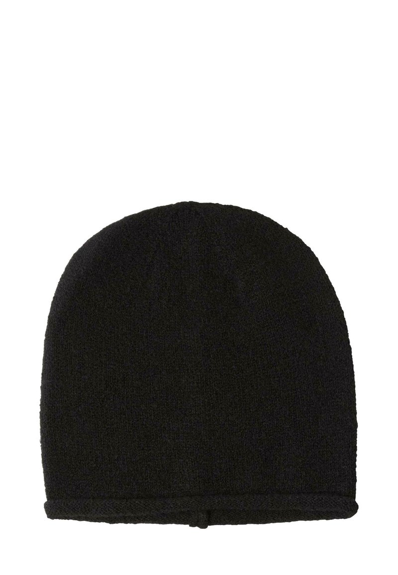 Sort strikket huva med en glat overflade, rund top og ombuk. Fremstillet af blødt, fleksibelt materiale for komfort og varme.