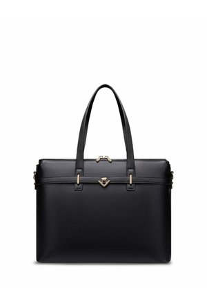 Black leather laptop bag with two handles, gold-tone hardware, and a zip closure. Features a smooth texture and a sleek, rectangular shape.