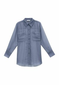 Vaaleansininen, pitkähihainen paita, joka on valmistettu läpinäkyvästä kankaasta. Sisältää kauluksen, napitettavan etuosan ja kaksi rintataskua. Sujuva pinta.