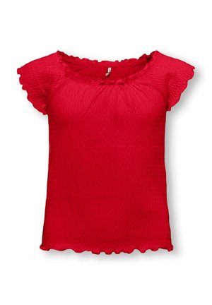Red short-sleeve smocked top with ruffled neckline, sleeves, and hem, made of lightweight textured fabric.