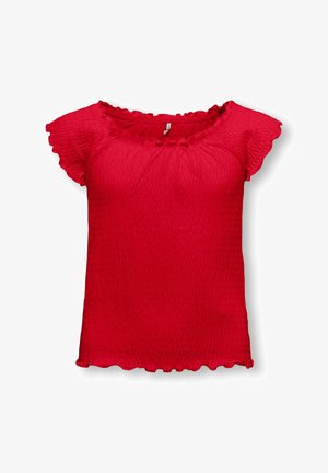 Top rosso a maniche corte con arricciature sul collo, sulle maniche e sull’orlo, realizzato in tessuto leggero e strutturato.