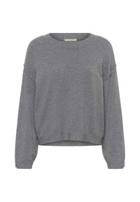 Suéter gris de punto con cuello redondo, hombros caídos y mangas largas. El dobladillo es corto y presenta una textura suave en toda su superficie.