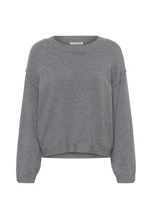 Pull en maille grise avec un col rond, des épaules tombantes et des manches longues. L'ourlet est court, avec une texture douce sur l'ensemble.