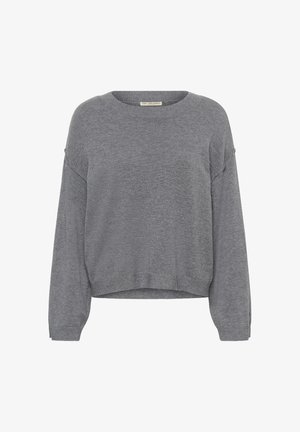 Szürke kötött pulóver kerek nyakkal, lejjebb csúszott vállakkal és hosszú ujjakkal. A szegélye rövidített, az egész anyag lágy tapintású.