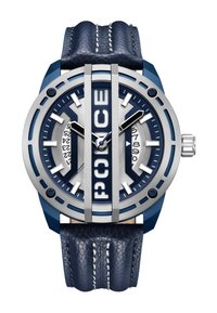 Modra usnjena ura s kovinskim srebrnim ohišjem, izrazitim modrim številčnikom, vidnimi številkami ur ter logotipom "POLICE" prek obraza.