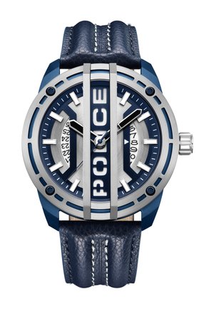 Blaues Lederarmbanduhr mit einem metallischen Silbergehäuse, markantem blauen Ziffernblatt, auffälligen Stundenmarkierungen und dem "POLICE"-Logo über dem Ziffernblatt.