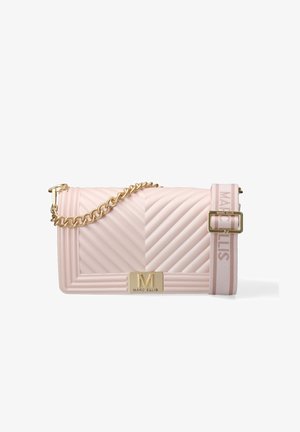 Light pink quilted Marc Ellis shoulder bag with gold chain, adjustable fabric strap, and gold logo clasp on front.