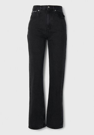 Jeans neri in denim a palazzo con vita alta, design a cinque tasche e chiusura con bottone frontale. Texture liscia e silhouette classica.