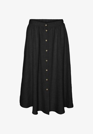 Svart linbiaske med en hel design, med midjebånd, frontknapplukking med gullakenter og en flytende silhuett.