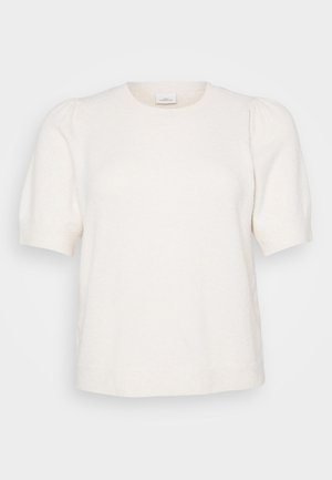 Lühikeste varrukatega, kreemivärvi kampsun, mis on valmistatud pehmest kangast. Omab ümmargust kaelust ja peeneid puffvarrukaid lisakoguse jaoks.