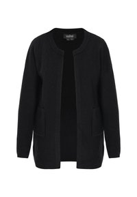 Schwarze Strickjacke mit rundem Ausschnitt, offener Vorderseite und zwei Fronttaschen. Hergestellt aus strukturiertem Stoff, mit lockerer und entspannter Passform.