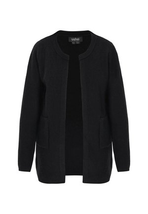 Cardigan negru cu guler rotund, deschis în față și două buzunare frontale. Realizat dintr-un material texturat, având o croială largă și relaxată.