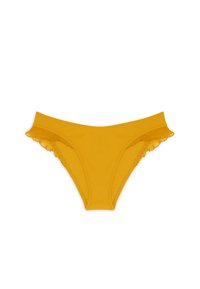 Yellow bikini briefs featuring a soft texture, a low-rise design, and ruffled accents along the edges. Smooth finish with minimal seams.
