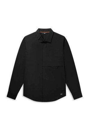 Black long-sleeve shirt made of smooth fabric, featuring a button-down collar, a single chest pocket, and a curved hem.