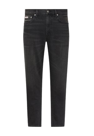 Jean en denim noir pour hommes, coupe slim, passants pour ceinture, fermeture par bouton, et poches visibles à l'avant et à l'arrière.