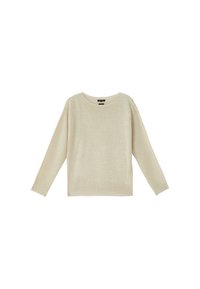 Maglione a maglia beige chiaro con scollatura rotonda, polsini a coste e vestibilità rilassata. Presenta un motivo testurizzato e spacco laterale all'orlo.