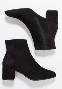 Stivaletti neri in suede con tacco a blocco e chiusura con cerniera laterale, mostrati in vista laterale e dal basso su uno sfondo bianco.