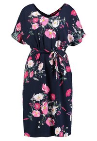 Blumenkleid aus marineblauem Stoff, mit lebhaften rosa und weißen Blumen, kurzen Ärmeln, V-Ausschnitt und einem geschnürten Taillendetail für eine betonte Silhouette.