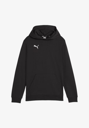 Czarna bluza z kapturem wykonana z miękkiego materiału, z kieszenią typu kangur i białym logo Puma na górnej części klatki piersiowej. Rękawy i dół wykończone ściągaczem.