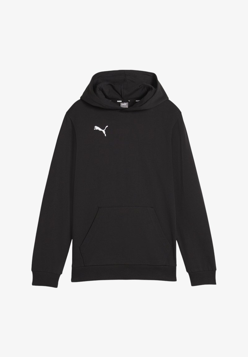 Schwarzer Kapuzenpullover aus weichem Material, mit einer Kängurutasche und einem weißen Puma-Logo auf der oberen Brust. Mit gerippten Bündchen und Saum.