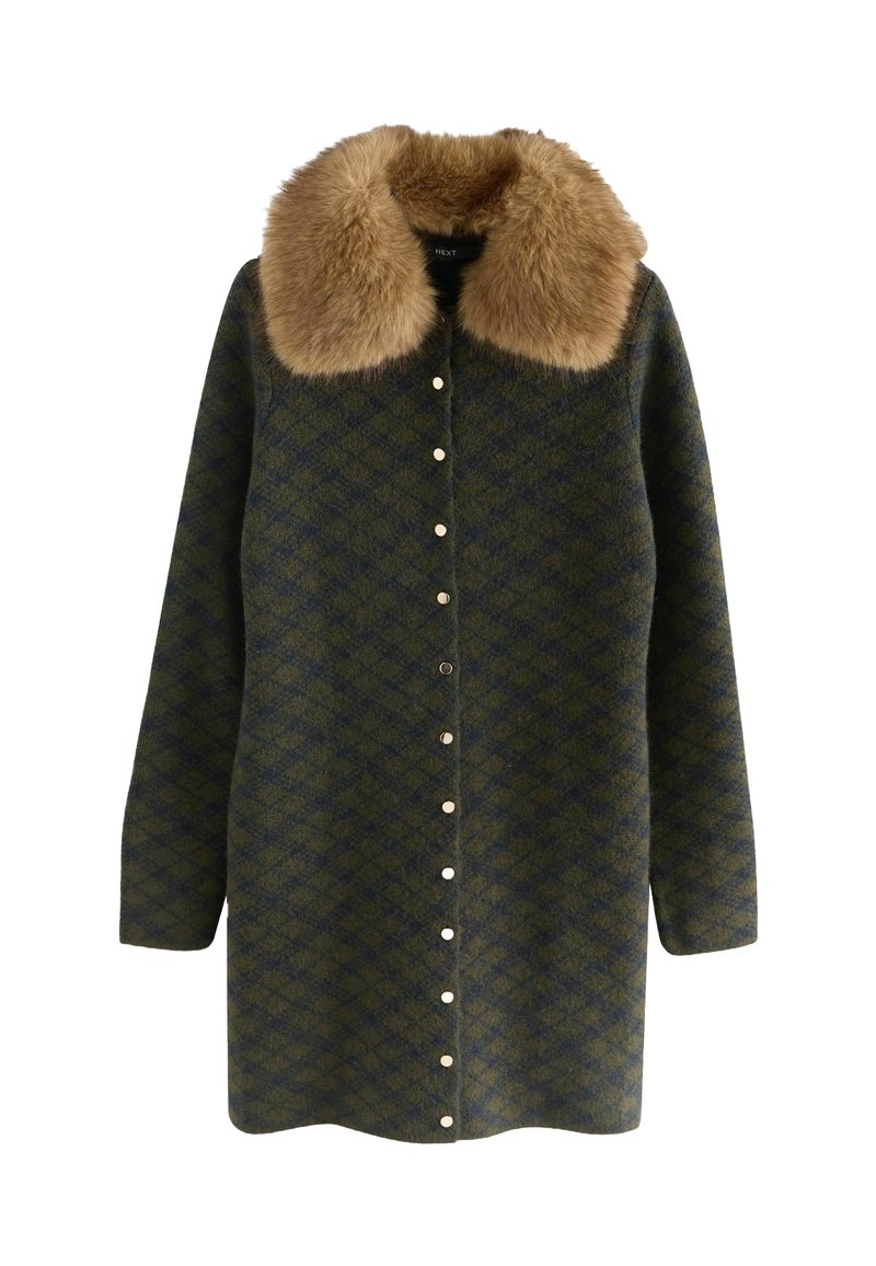 Grön mönstrad kappa med krage av faux päls, med knäppning fram och strukturerad tyg i diamantdesign.