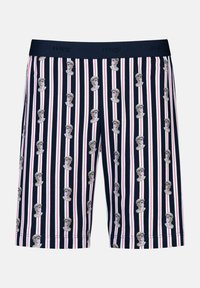 Marineblauwe boxers met verticale meerkleurige strepen en herhaalde buste-illustraties. Zachte stof, elastische tailleband met merklogo.