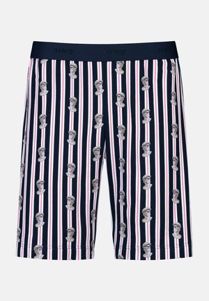 Marineblauwe boxers met verticale meerkleurige strepen en herhaalde buste-illustraties. Zachte stof, elastische tailleband met merklogo.