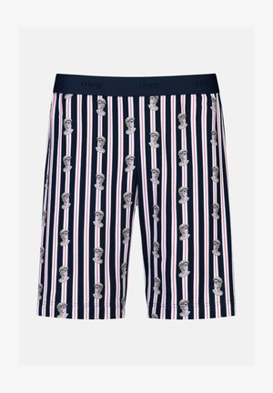 Marineblaue Boxershorts mit vertikalen, mehrfarbigen Streifen und wiederholten Brustillustrationen. Weicher Stoff, elastischer Bund mit Markenlogo.