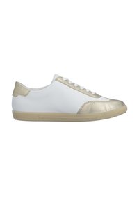 White sneaker with metallic gold accents, smooth leather upper, rounded toe, flat rubber sole, and classic lace-up design.