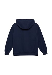 Felpa blu navy con cappuccio, spalle scese, orlo e polsini a coste, e una superficie di tessuto liscia e morbida.
