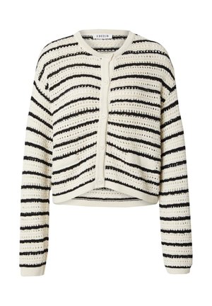 Cremfarbener und schwarzer gestreifter, taillierter Cardigan mit Knopfverschluss, der eine gestrickte Textur und ein offenes Gewebe-Design aufweist. Lange Ärmel und gerippter Saum.