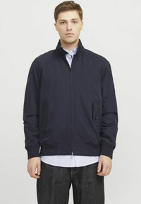 Navy pullover jacket with a front zipper, stand collar, side pockets, and ribbed cuffs, paired with a blue and white striped shirt.
