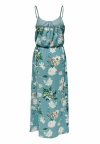Robe longue sans manches bleue avec bretelles spaghetti ajustables et imprimé floral blanc et rose.