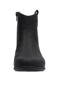 Schwarze Lederknöchelstiefel mit glatter Textur, Reißverschluss, abgerundeter Zehe und dezenten Nähdetails im oberen Bereich.