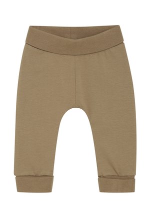 Soft brown baby pants with elastic waistband and folded cuffs, designed for comfort and flexible fit.