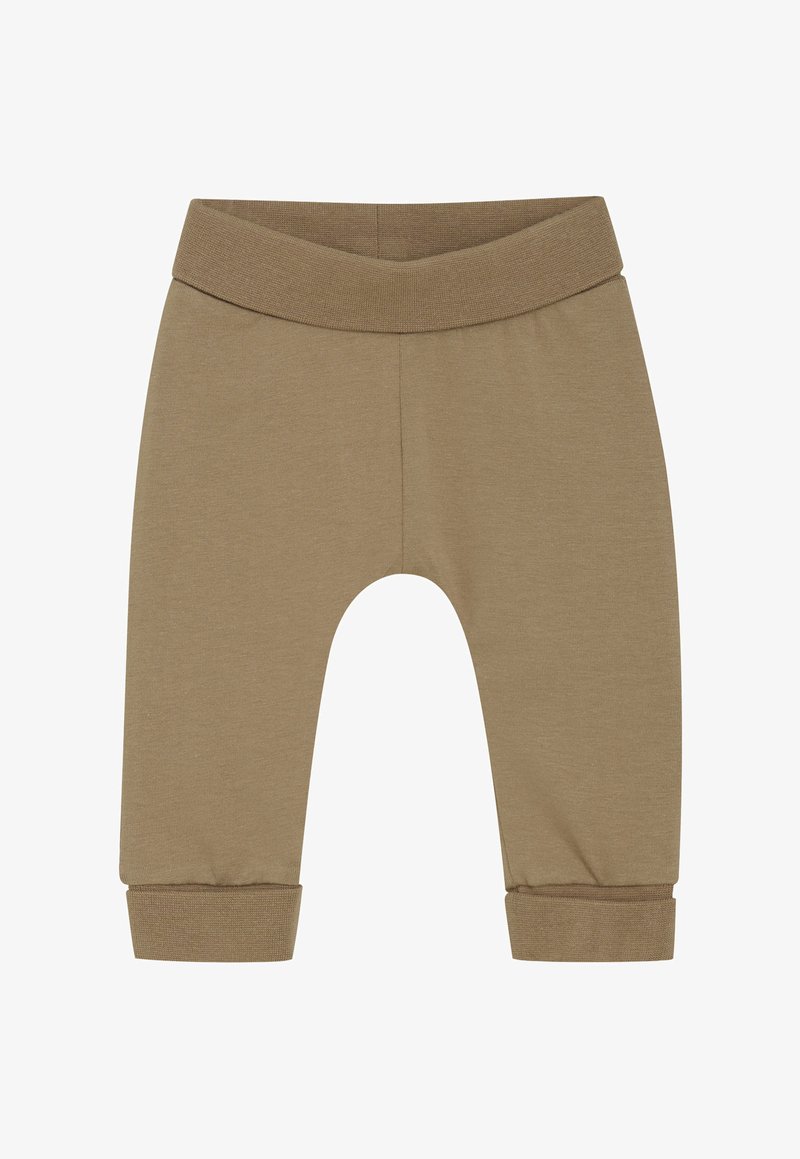 Weiche braune Babyhosen mit elastischem Bund und umgeschlagenen Bündchen, entworfen für Komfort und eine flexible Passform.