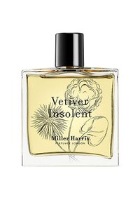 Klares Glasparfümfläschchen mit schwarzem Deckel, das eine gelbe Flüssigkeit im Inneren zeigt. Enthält botanische Illustrationen auf der Vorderseite.