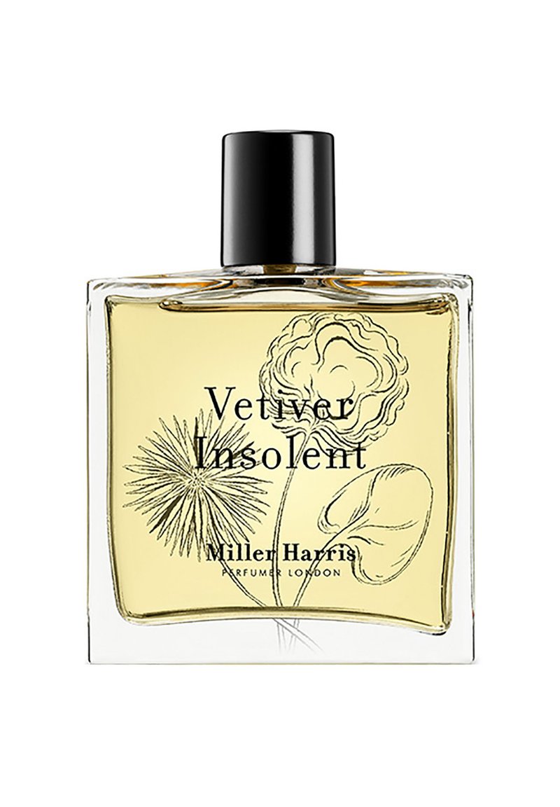 Klares Glasparfümfläschchen mit schwarzem Deckel, das eine gelbe Flüssigkeit im Inneren zeigt. Enthält botanische Illustrationen auf der Vorderseite.