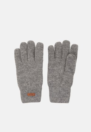 Gants tricotés gris avec un design à cinq doigts, poignets côtelés et une étiquette en cuir comme accent. Texture douce et couleur uniforme partout.