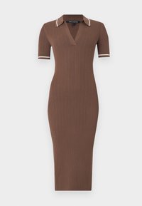 Καφέ ριμπ πλεκτό midi φόρεμα με κοντά μανίκια, V-λαιμόκοψη και γιακά, με λευκές ρίγες στα μανίκια και τον γιακά.