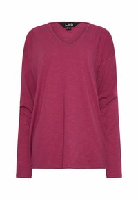 Långärmad vinröd V-ringad topp med avslappnad passform. Tillverkad av mjukt, texturerat tyg och har en etikett med "LTS" vid halslinningen.