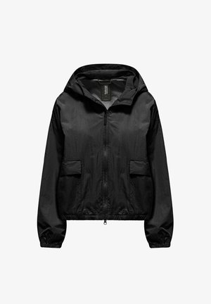 Schwarze Kapuzenjacke mit Frontreißverschluss, zwei Klappentaschen, elastischen Bündchen und Saum, vor weißem Hintergrund dargestellt.