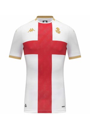 T-shirt de sport blanc à manches courtes avec une grande croix rouge sur le devant, finition dorée aux manches et au col, et logos dorés de lion et de marque sur la poitrine.