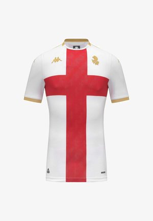 T-shirt de sport blanc à manches courtes avec une grande croix rouge sur le devant, finition dorée aux manches et au col, et logos dorés de lion et de marque sur la poitrine.