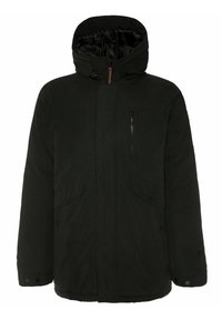 Mustat pehmustetut takit, joissa on irrotettava huppu, vetoketjullinen rintatasku ja kaksi etutaskua painonappilukolla. Kuidun tekstuuri.