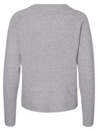Pullover grigio a maniche lunghe realizzato in morbido tessuto a maglia. Presenta un collo rotondo e un orlo a costine. La vista posteriore mostra una costruzione senza cuciture.