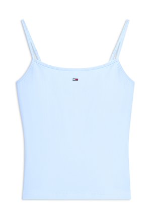 Light blue sleeveless camisole top with thin straps and small red, white, and blue rectangular logo centered below neckline.