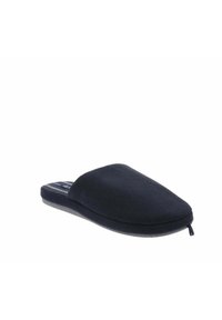 Pantofole in tessuto blu navale con punta arrotondata e rivestimento morbido. Presentano una suola piatta e una suola esterna texturizzata per una buona aderenza. Nessun hardware o motivo visibile.