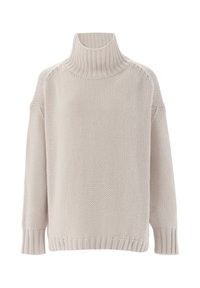 Helle beigefarbene Strickpullover mit Rollkragen und lässiger Passform, der gerippte Bündchen und Saum sowie ein strukturiertes Muster aufweist.